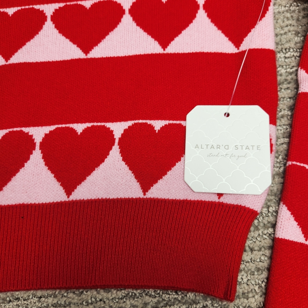 Altar'd State Red & Pink Heart Stripe Crewneck Sweater - Picture 2 of 9